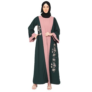 Embroidery work on layered abaya- Bottle Green-baby pink